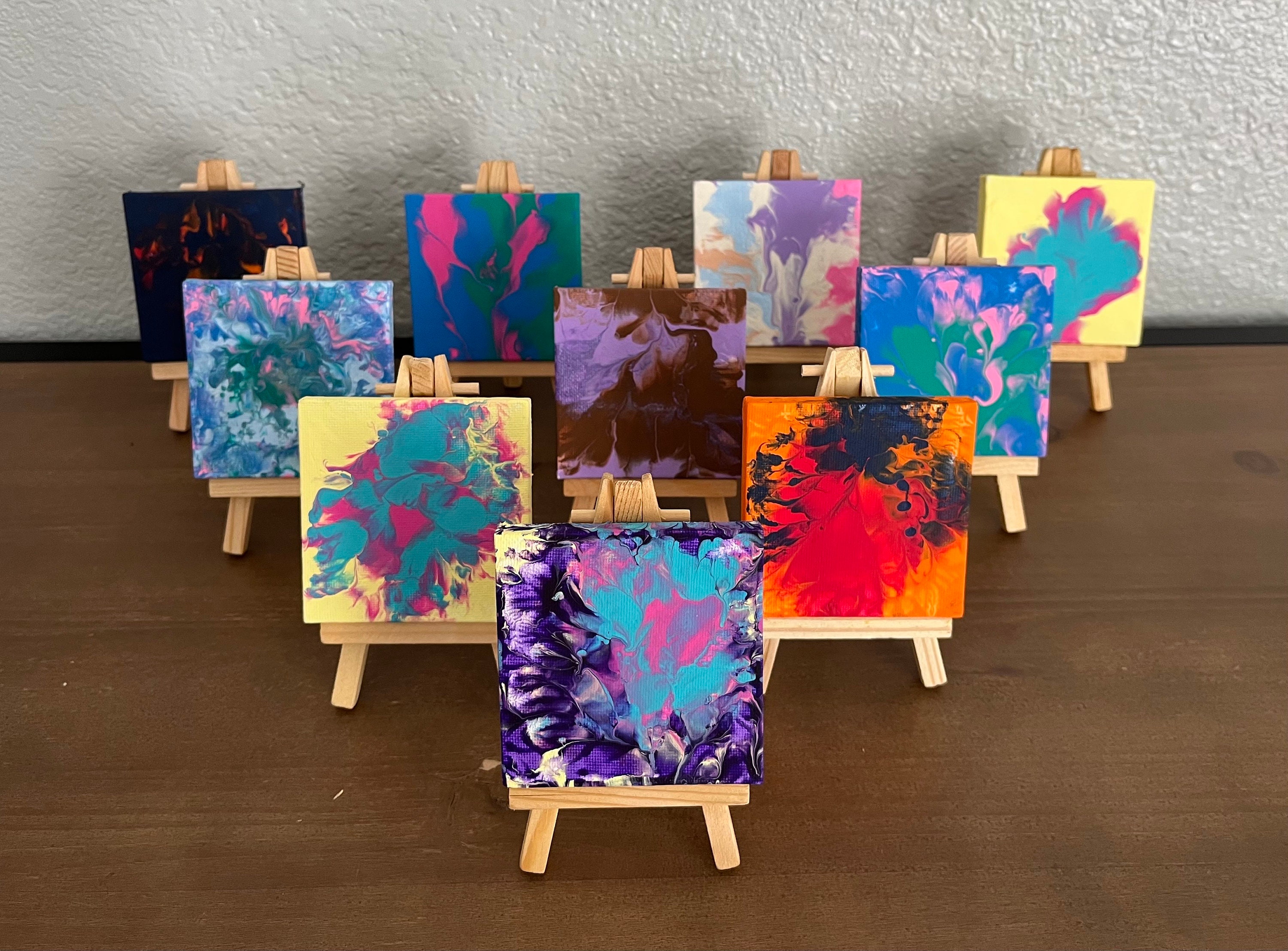  20 Pack 4x4 in Mini Canvases, Small Stretched Painting Canvas  Panel with Mini Easel, Art Canvas Painting Kit with 10 Brushes & 5 Paint  Tray for Kids Teenagers Acrylic Pouring Oil