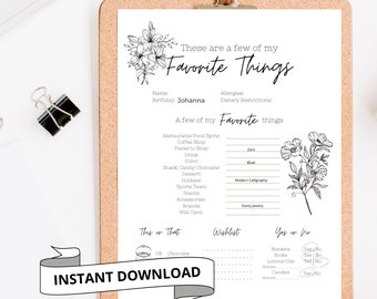 My Favorite Things Questionnaire, Teacher Gift Survey (PDF Download)