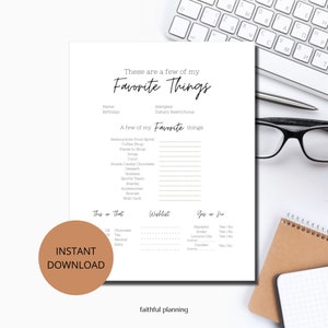 Cuestionario sobre mis cosas favoritas, PDF imprimible sobre intercambio de regalos, algunas de mis preguntas sobre cosas favoritas, lista de deseos, ideas para intercambio de regalos