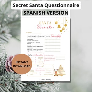 May include: A printable Secret Santa questionnaire in Spanish. The document features a festive design with gold accents, including Christmas trees and stars. The text includes "Secret Santa Questionnaire" and "Instant Download."