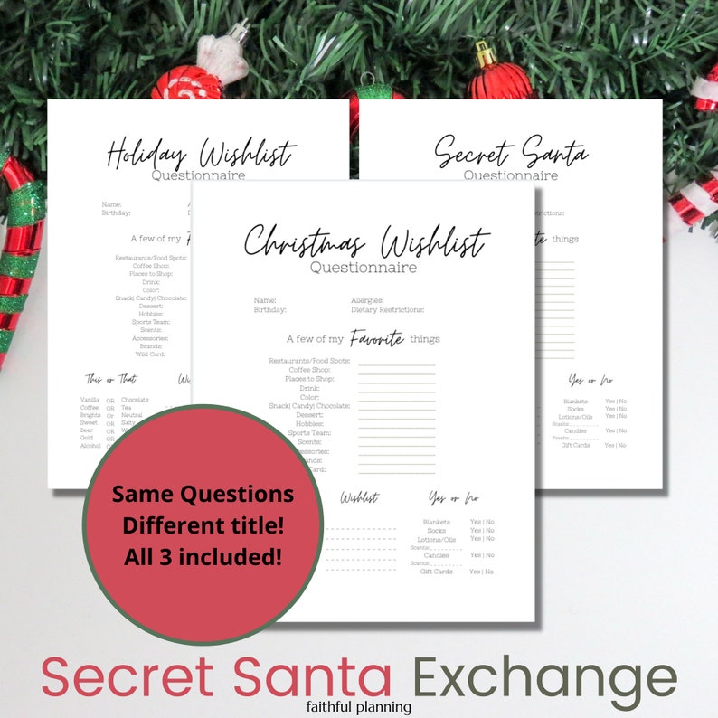 Secret Santa Questionnaire Printable, Christmas Wish List, Gift Questionnaire Minimalistic