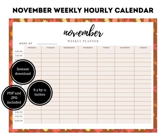 Printable Weekly Hourly Calendar 2021, Fall October Calendar 2021, Planner  October 2021, Fall Themed Calendar - Etsy