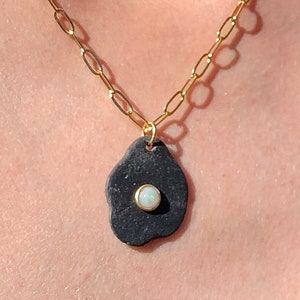 Natural Ethiopian slate and opal necklace set with vermeil, gold stainless steel chain, gold-plated primers, handmade