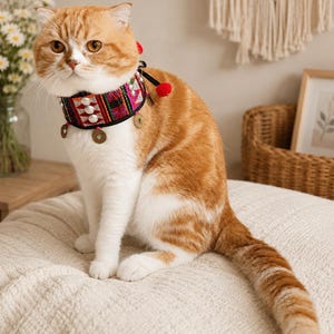 Könnte beinhalten: Eine rot-weiße Katze mit einem farbenfrohen Halsband mit Münzen und roten Pompons. Das Halsband hat ein gewebtes Design mit silberfarbenen Verzierungen. Die Katze sitzt auf einem cremefarbenen Kissen.
