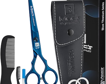 Professional Hair Cutting Scissor 5.5" Blue Titanium – Barber, Hairdresser Shears with Comb & Case Set – Japanese Style Shear for Salon/Home