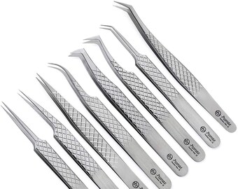 Eyelash Extension Tweezers: Stainless Steel, Flat, Angled, Pointed, Slant - 8 Pack