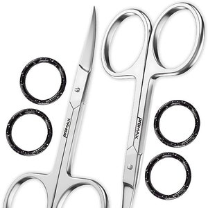 May include: Two pairs of stainless steel scissors with curved blades and large finger holes. The scissors have the brand name "PROMAX" printed on the blades. Three black and white patterned rings are also in the image.