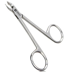 Może przedstawiać: Profesjonalne cążki do paznokci ze stali nierdzewnej. Cążki mają zakrzywioną krawędź tnącą i uchwyty w kształcie pętli ułatwiające chwyt. Na cążkach nadrukowano nazwę marki "Mac's Professional".