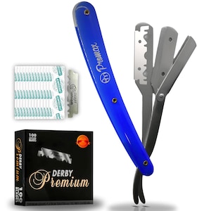 Professional Straight Edge Razor-Barber razor With 100 derby Blades-Close Shaving Men's Manual Safety Stainless Steel Strong Handle (Blue)
