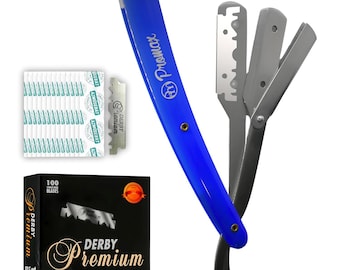 Professional Straight Edge Razor-Barber razor With 100 derby Blades-Close Shaving Men's Manual Safety Stainless Steel Strong Handle (Blue)