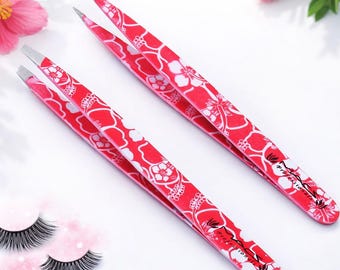 Floral Stainless Steel Tweezer Set of 2 – Slant & Point Tip Precision Eyebrow Tweezer, Gift for Her, Eyebrow Plucking, Ingrown, Facial Hair