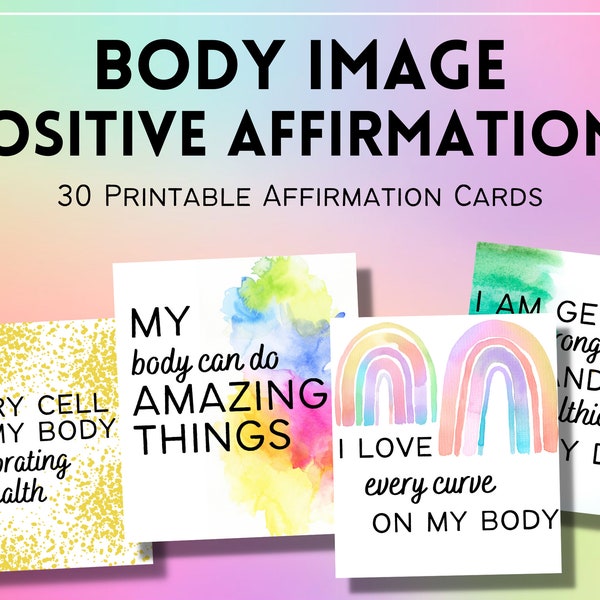 Printable Affirmation Cards for Body Image, Body Positive Watercolor Cards, Daily Affirmation Colorful Deck, Weight Loss Affirmations