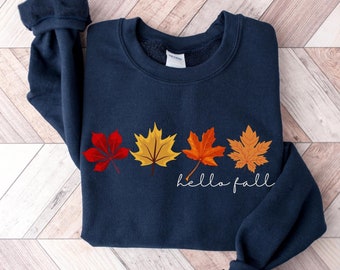 Hello Fall Autumn Maple Leaves Crewneck Sweatshirt, Cottagecore Hello Fall Autumn Leaves Sweater, Hello Fall Sweatshirt Women, Fall Shirts