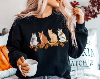 Fall Cat Sweatshirt For Women Autumn Leaves Cat Sweater For Women Cat Mom Sweater Weather Cat Mom Sweatshirt Cat Lover Fall Shirt Cat Tshirt
