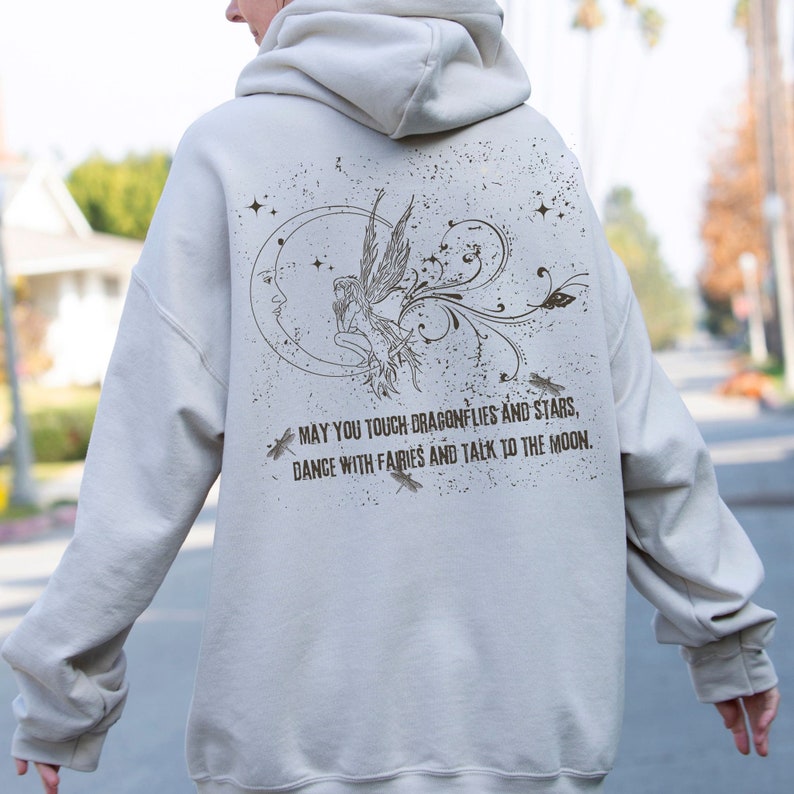 Fairy Grunge Clothing Mystical Y2K Dragonfly Hooded Sweatshirt Brown Hoodie Top, Fairycore Cottagecore Butterfly Matching Couple Hoodies Sand