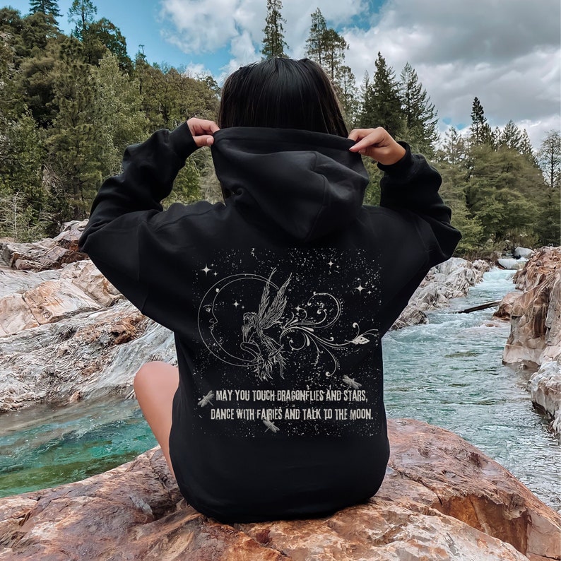 Fairy Grunge Clothing Mystical Y2K Dragonfly Hooded Sweatshirt Brown Hoodie Top, Fairycore Cottagecore Butterfly Matching Couple Hoodies Black