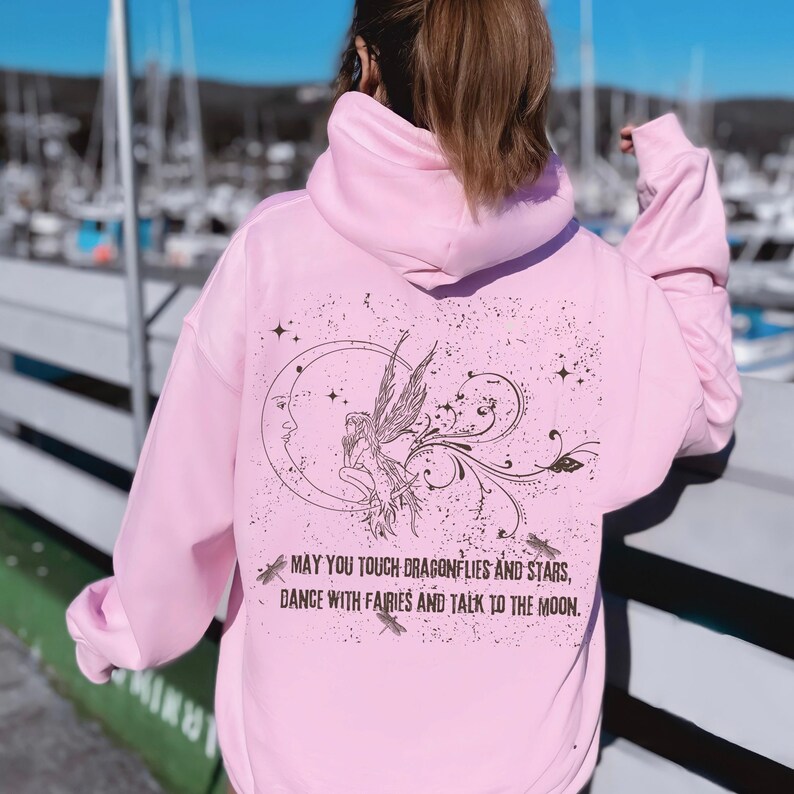 Fairy Grunge Clothing Mystical Y2K Dragonfly Hooded Sweatshirt Brown Hoodie Top, Fairycore Cottagecore Butterfly Matching Couple Hoodies Light Pink