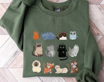 Cute Green Cat Sweatshirt, Cat Sweater, Meow Cat Shirt, Cat Lovers Cottagecore Sweatshirt, Cat Mom Sweatshirt,  Fall Cat Sweatshirt