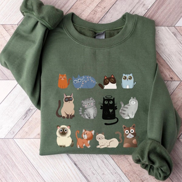 Cute Green Cat Sweatshirt, Cat Sweater, Meow Cat Shirt, Cat Lovers Cottagecore Sweatshirt, Cat Mom Sweatshirt,  Fall Cat Sweatshirt