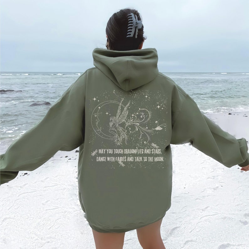Fairy Grunge Clothing Mystical Y2K Dragonfly Hooded Sweatshirt Brown Hoodie Top, Fairycore Cottagecore Butterfly Matching Couple Hoodies Military Green