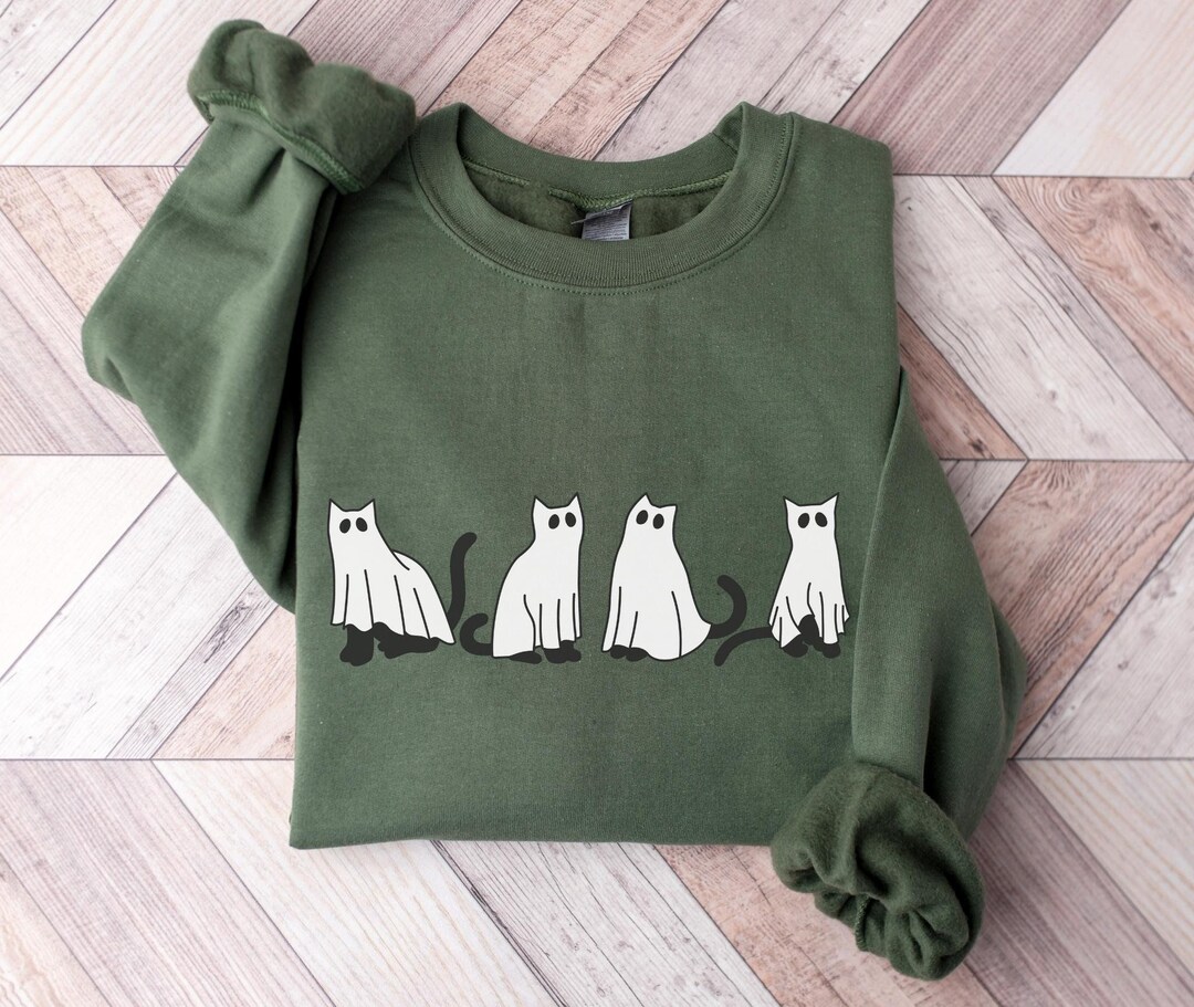 Halloween Ghost Cat Crewneck Sweatshirt, Ghost Cat Halloween Sweater, Spooky Halloween