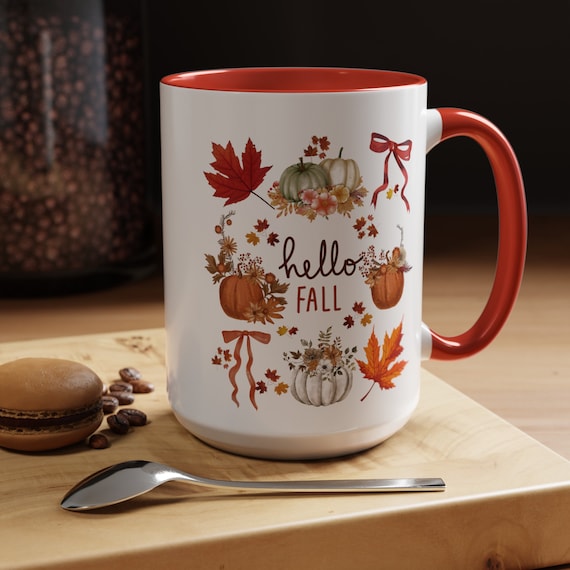 Hello Fall Mug Cottagecore Mug Pumpkin Mug Pumpkin Mugs Coquette Bow Mug Fall Coffee Mug Fall Cup Fall Gifts Fall Leaves Maple Leaf 15oz