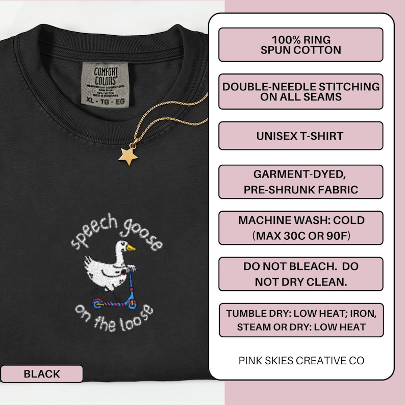 May include: Black unisex t-shirt with the embroidered phrase "speech goose on the loose" and a graphic of a goose on a scooter. The shirt has a crew neck and short sleeves. A gold star pendant hangs from a gold chain.