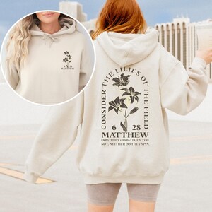 Boho Christian Hoodie Sweatshirt Wildflower Hoodie Christian Merch Christian Streetwear Christian Clothes Dark Academia Christian Apparel Sand-Front&back