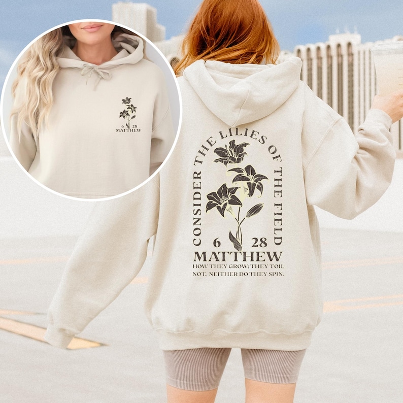 Boho Christian Hoodie Sweatshirt Wildflower Hoodie Christian Merch Christian Streetwear Christian Clothes Dark Academia Christian Apparel Sand-Front&back