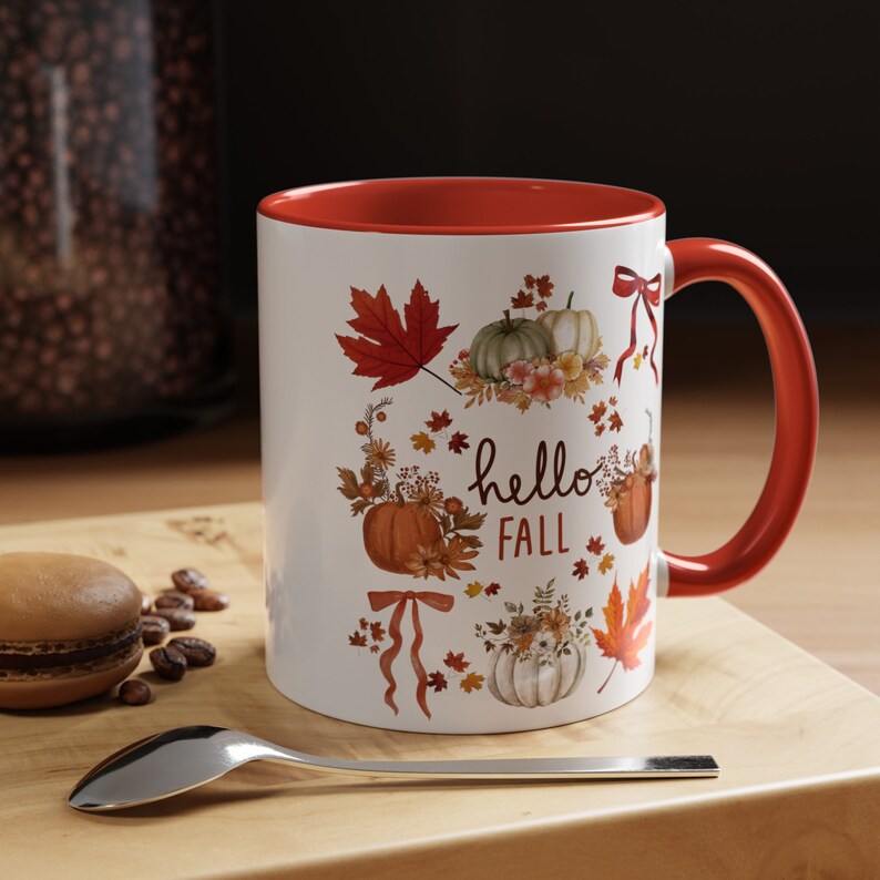 Hello Fall Mug Cottagecore Mug Pumpkin Mug Pumpkin Mugs Coquette Bow Mug Fall Coffee Mug Fall Cup Fall Gifts Fall Leaves Maple Leaf 15oz image 3
