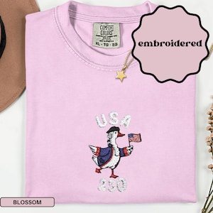 May include: Light pink Comfort Colors t-shirt with an embroidered design of a goose wearing a hat and holding a US flag. The word "USA" is above the goose, and "230" is below. The shirt has a crew neck and a tag that says "XL - TG - EG".