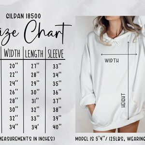 Puede incluir: Tabla de tallas para sudaderas con capucha Gildan 18500, que muestra las medidas de ancho, largo y manga en pulgadas para las tallas S a 5XL. La tabla incluye un modelo que lleva una sudadera con capucha talla XL.