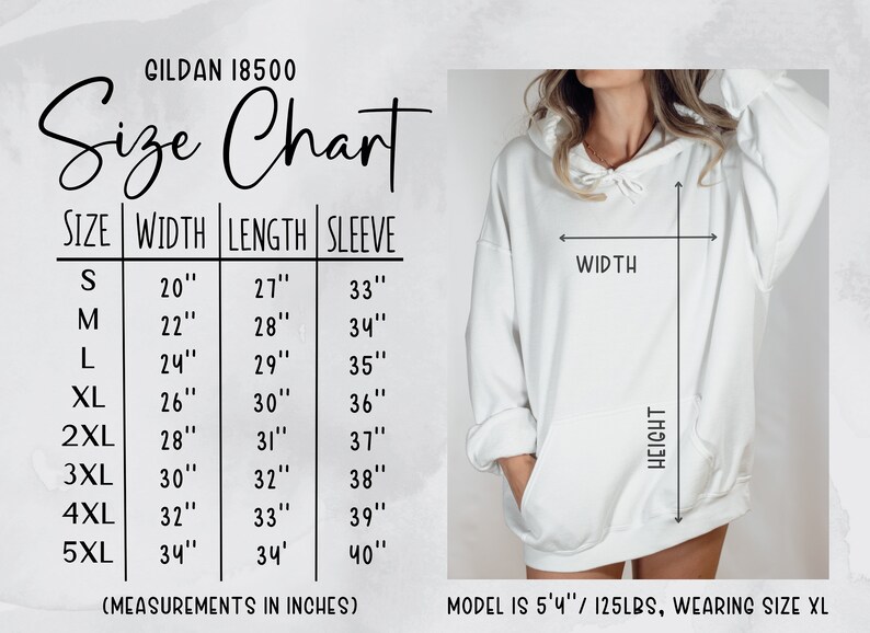 Puede incluir: Tabla de tallas para sudaderas con capucha Gildan 18500, que muestra las medidas de ancho, largo y manga en pulgadas para las tallas S a 5XL. La tabla incluye un modelo que lleva una sudadera con capucha talla XL.