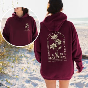 Boho Christian Hoodie Sweatshirt Wildflower Hoodie Christian Merch Christian Streetwear Christian Clothes Dark Academia Christian Apparel Maroon-Front&back