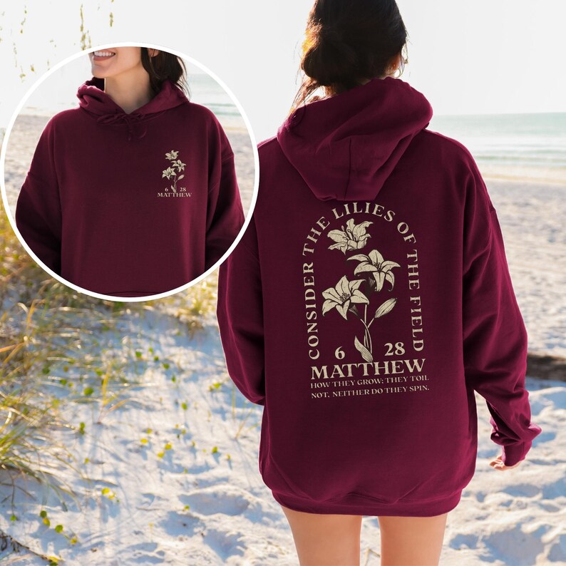 Boho Christian Hoodie Sweatshirt Wildflower Hoodie Christian Merch Christian Streetwear Christian Clothes Dark Academia Christian Apparel Maroon-Front&back