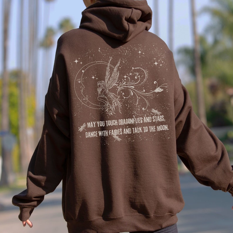 Fairy Grunge Clothing Mystical Y2K Dragonfly Hooded Sweatshirt Brown Hoodie Top, Fairycore Cottagecore Butterfly Matching Couple Hoodies Dark Chocolate