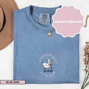 May include: A blue jean Comfort Colors t-shirt with an embroidered design. The design features a white goose riding a scooter, with the words "recreational goose on the loose" in a circular pattern. The shirt has a crew neck and a tag that says XL-TG-EG.