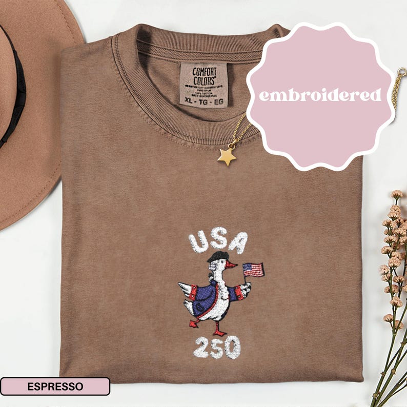 USA 250th Anniversary Shirt Embroidered USA 250 Years 4th Of July Goose Shirt 4th of July Tshirt Independence Day Shirt American Freedom Tee Espresso