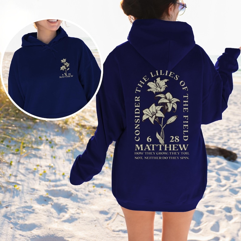 Boho Christian Hoodie Sweatshirt Wildflower Hoodie Christian Merch Christian Streetwear Christian Clothes Dark Academia Christian Apparel Navy-Front&back
