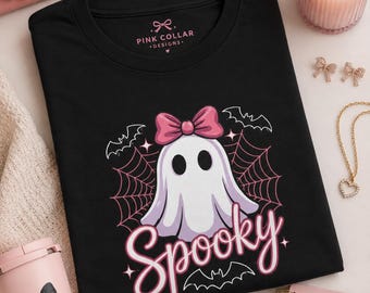 Cute Pink Bow Ghost Spooky Tee | Halloween Ghost, Spiderweb Bats