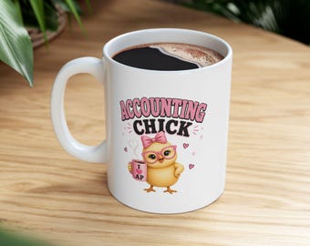 Accounting Chick Coffee Mug | Cartoon Chick, Pink Hearts, Morning Humor