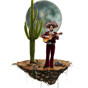 May include: A man wearing a traditional Mexican mariachi outfit plays a guitar in front of a large green cactus and a full moon. The scene is set on a small floating island with a snake and rocks.