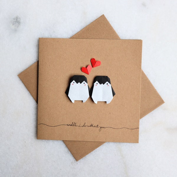 Personalised Penguin lovers Origami blank card. Perfect for anniversary, wedding, engagement, valentine's day, partner appreciation.