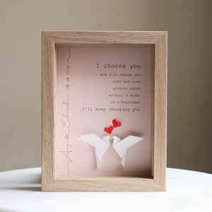 Personalised doves and hearts origami with I choose you quote. wedding, engagement, first/paper anniversary, couple, valentines day gift