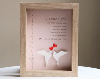 Personalised doves and hearts origami with I choose you quote. wedding, engagement, first/paper anniversary, couple, valentines day gift