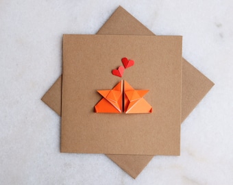 Personalised foxes and hearts origami blank card. Perfect for couple, wedding, engagement, anniversary, valentines day, partner appreciation