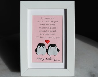 Personalized Origami Penguins and Heart with "I choose you" Quote Framed Art. Perfect gift for any occasion.