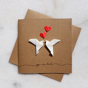 Personalised Doves and hearts origami blank card for any occasion, wedding, engagement, anniversary, valentines day, partner appreciation.