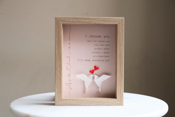 Personalised doves and hearts origami with I choose you quote. wedding, engagement, first/paper anniversary, couple, valentines day gift