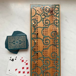 Cribbage Board, CNC Carved, Japanese Cloud Epoxy Inlay ,with Peg and Card Storage